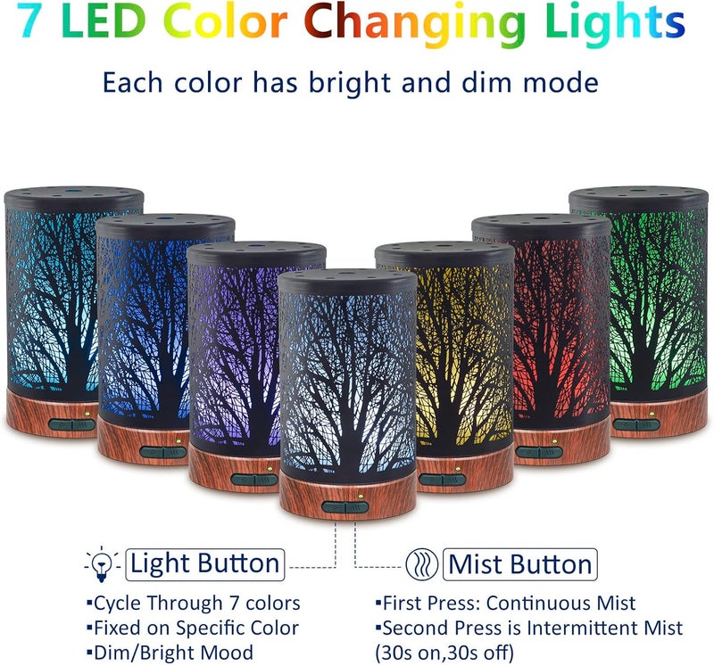 EQUSUPRO Essential Oil Diffuser 150ml Black Metal Aromatherapy Oil Diffuser Ultrasonic Cool Mist Diffuser with Auto Shut-Off Protection,7 Colors Changed LED for Home Office SPA Yoga (A-Tree) - Image 3